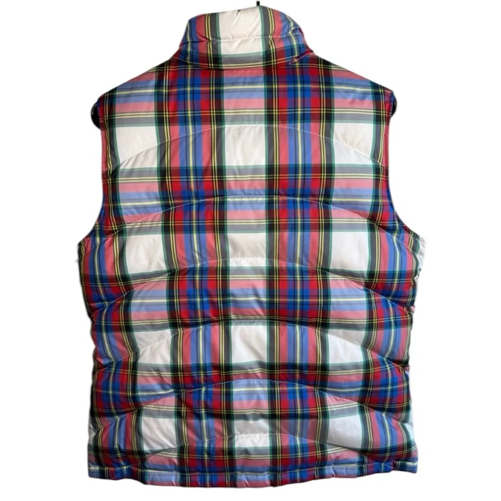 Lands' End Plaid Puffer Vest Full Zip Size M Down Filled‎ Red Blue White
